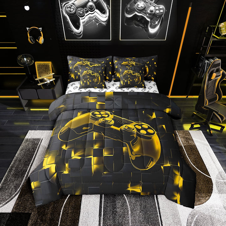 Gaming Gamer Twin Comforter Set 7-Piece Teen Game Bedding Comforter Sets Yellow Neon Light Bed in a Bag Gradient Geometry Check Bedding Set Video Game Theme Bedding Sets &amp; Collection
