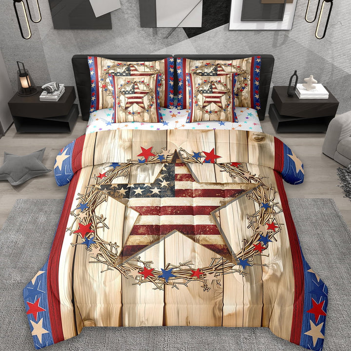 Erosebridal Vintage American Flag Bed in a Bag Twin Size,Rustic Wooden Door Bed Set,Red Blue Stars Bedding Twin Size, Lightweight Bedroom Decorative Reversible,7 Pieces