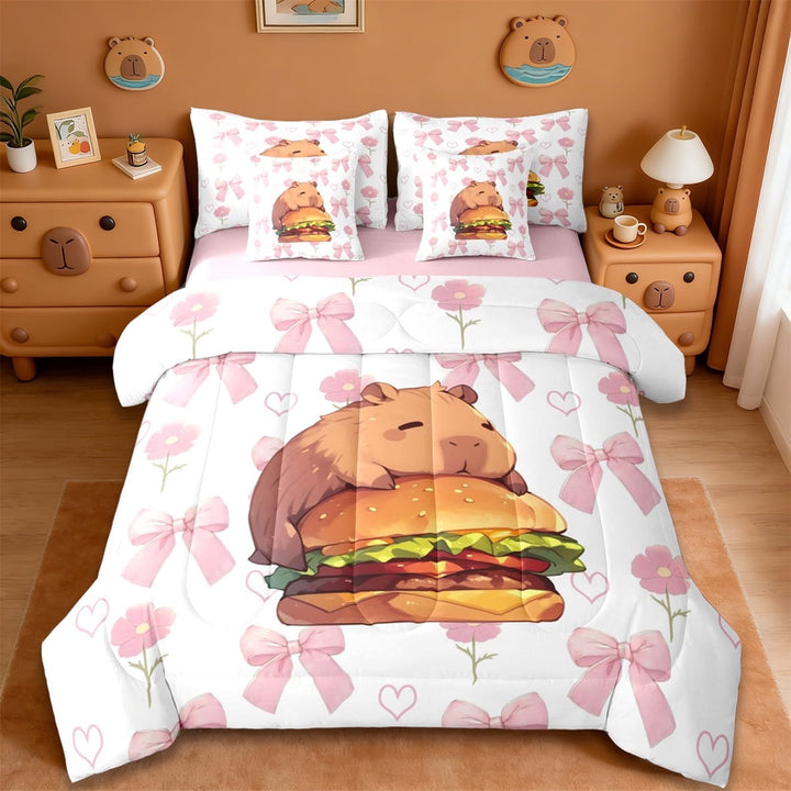 Erosebridal Kawaii Rodent Animal Capybara 7-Piece Twin Bedding Sets,Kawaii Bowtie Lovers Bedding Comforter Set For Kids ,Reversible Pink