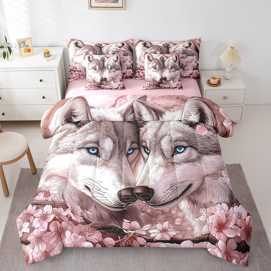 Erosebridal Floral Wolf Bedding Sets King Size,Jungle Wildlife Bed in a Bag King size,Ultra Soft Reversible Bedding King Size,Teenager Bedroom Decor,7 Pieces