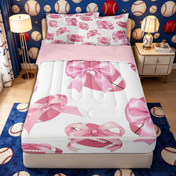 Meiyoeat Girly Pink Bow Football Zipper Twin Comforter Sets with Fitted Sheet and 2 Pillowcases for Teens, Sport Ball Kawaii Bowknot Zipper Bedding Set for Bedroom,4-Piece,Pink Reversible