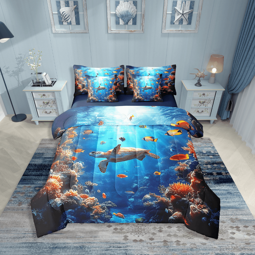 Erosebridal Tortoise Turtle Bedding Sets Twin Size,Ocean Animal Comforter Sets with Sheets,Sealife Decor,Reversible,Breathable,7-Piece