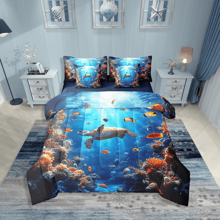 Erosebridal Tortoise Turtle Bedding Sets Twin Size,Ocean Animal Comforter Sets with Sheets,Sealife Decor,Reversible,Breathable,7-Piece