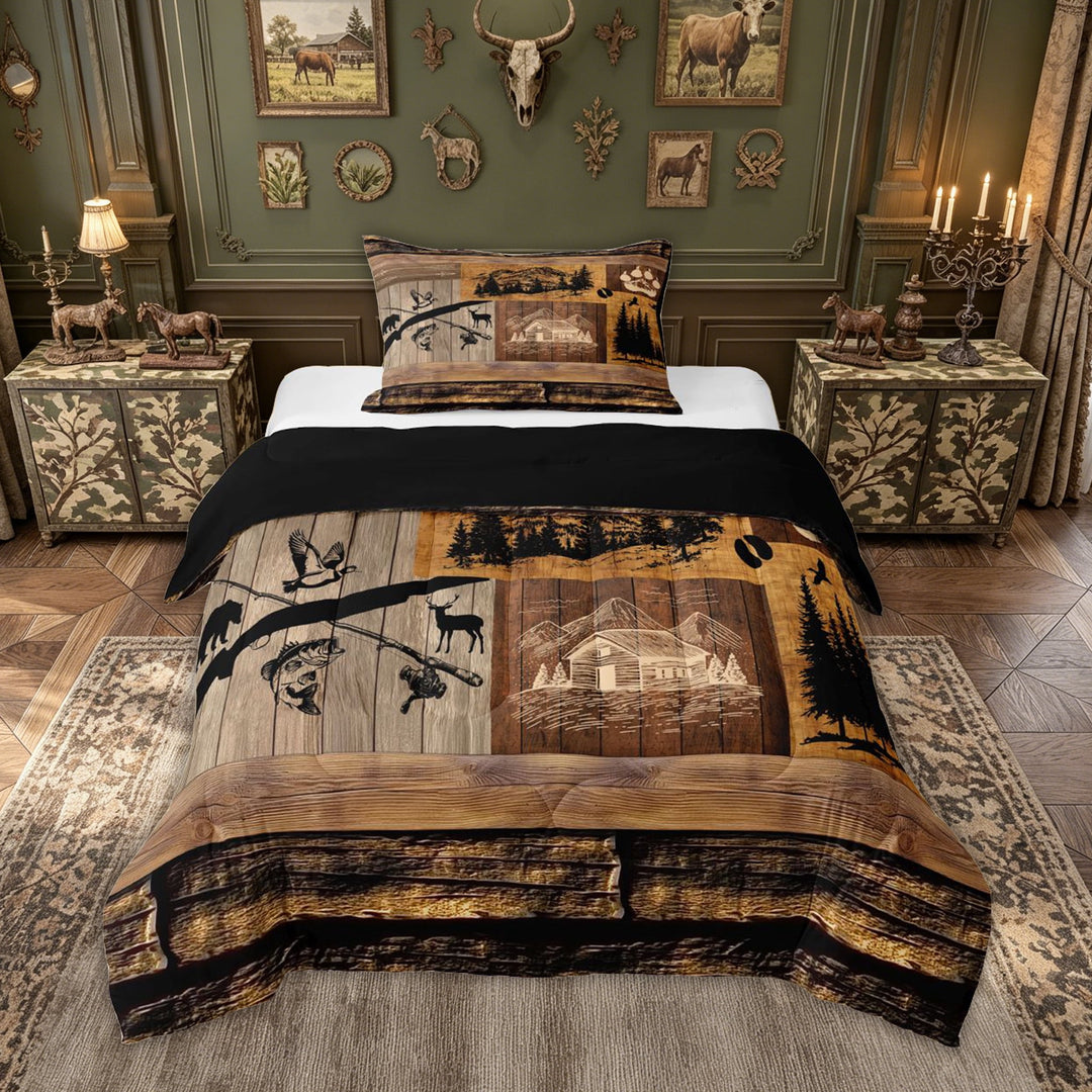 meiyoeat Rustic Forest Fishing Full Size Comforter Sets for Men, Wooden Lake House Bedding Comforter Set, Brown, Black Reversible, 3 Pieces, 1 Comforter and 2 Pillowcases