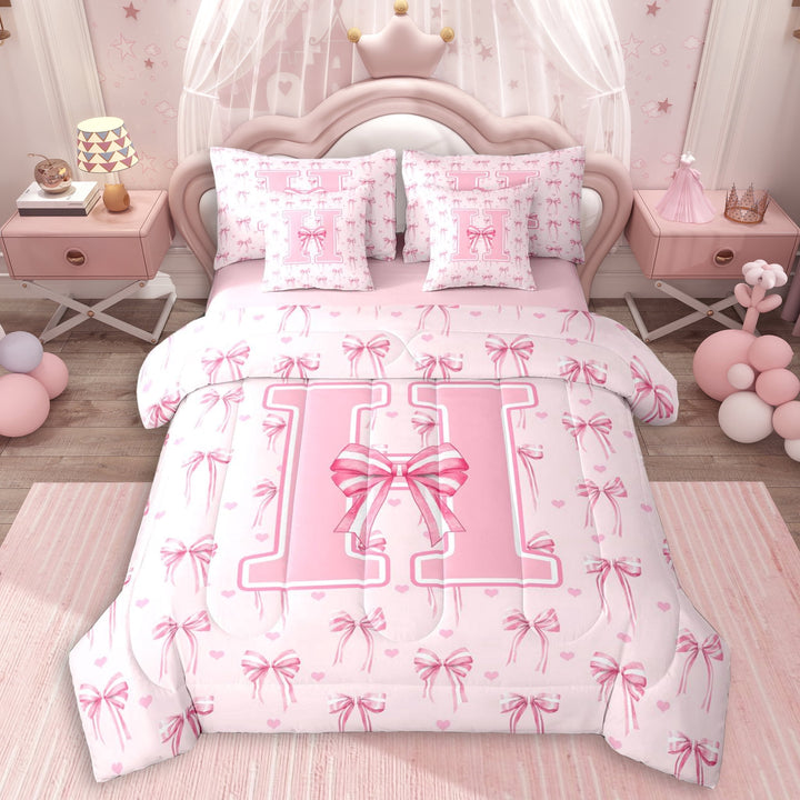 Erosebridal Cartoon Stripes Bow Twin Bedding Sets 7-Piece For Teens,Girls Pink Personalized Initial H Bedding Comforter Set,Pink Reversible