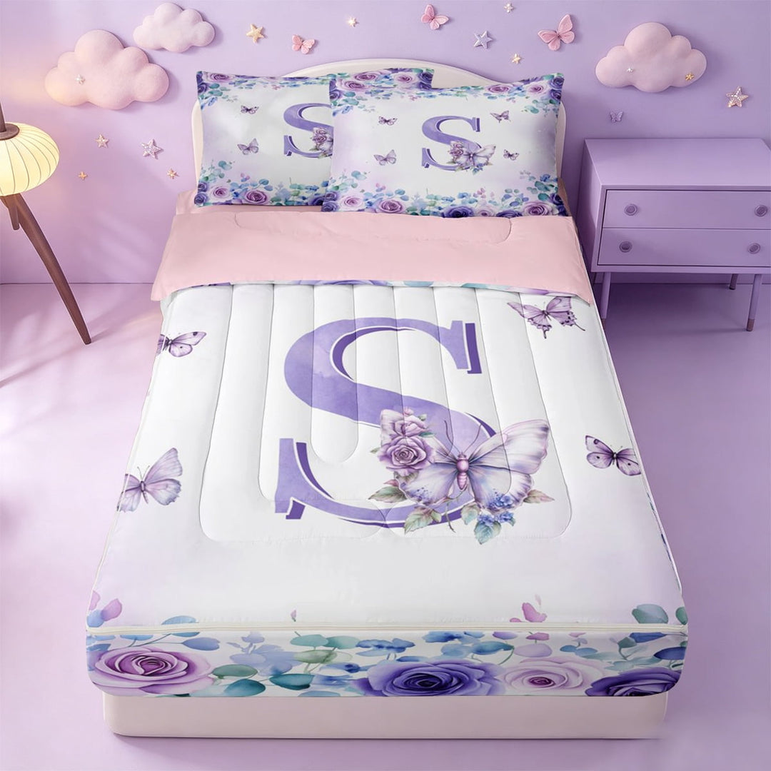 meiyoeat Purple Rose Monogram S Zipper Full Size Comforter Sets with Fitted Sheet and 2 Pillowcases For Girls,Butterfly Flower Initial Design Zipper Bedding Set,Pink Reversible,4 Pieces