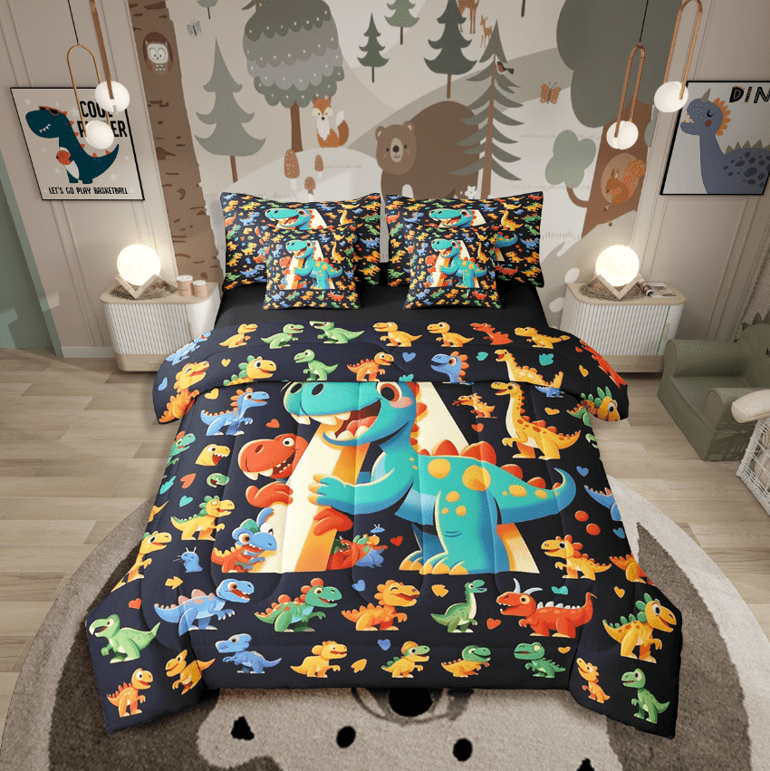 7 Piece Dinosaur Bed in a Bag Twin Size Cute Cartoon Animal Bedding Sets Kawaii Dinosaur Print Comforter Set with Sheets Lovely Dino Decor Bed Set Teal Dinosaur Sheets