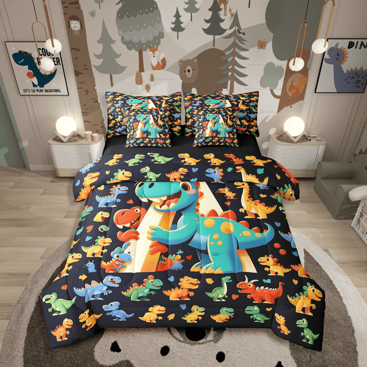 7 Piece Dinosaur Bed in a Bag Twin Size Cute Cartoon Animal Bedding Sets Kawaii Dinosaur Print Comforter Set with Sheets Lovely Dino Decor Bed Set Teal Dinosaur Sheets