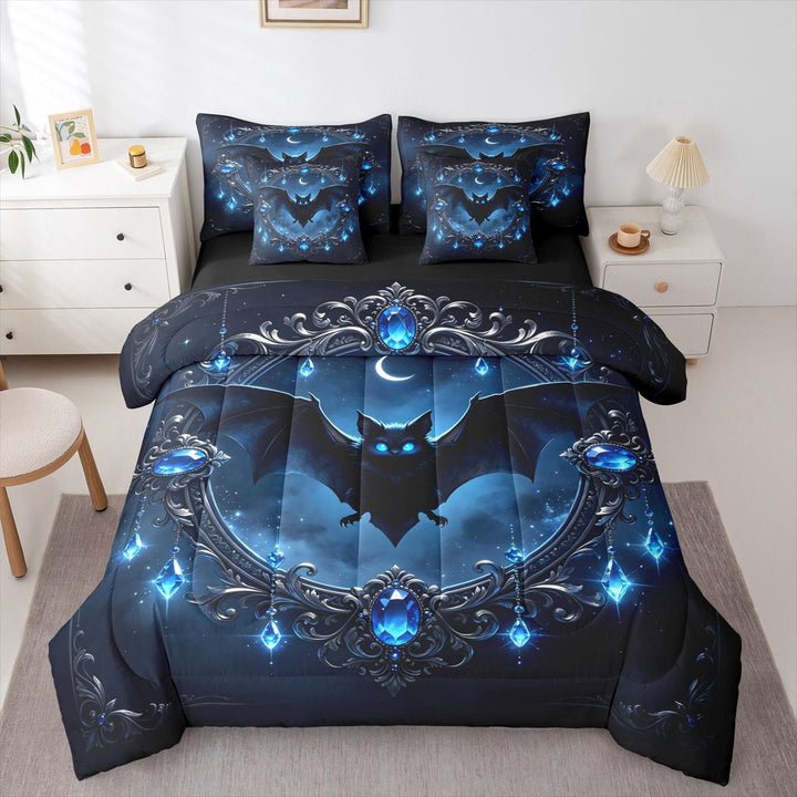 Manfei Black Bats 7pcs Queen Bedding,Spooky Halloween Theme Bedding Comforter Set Queen,Blue,Black Reversible