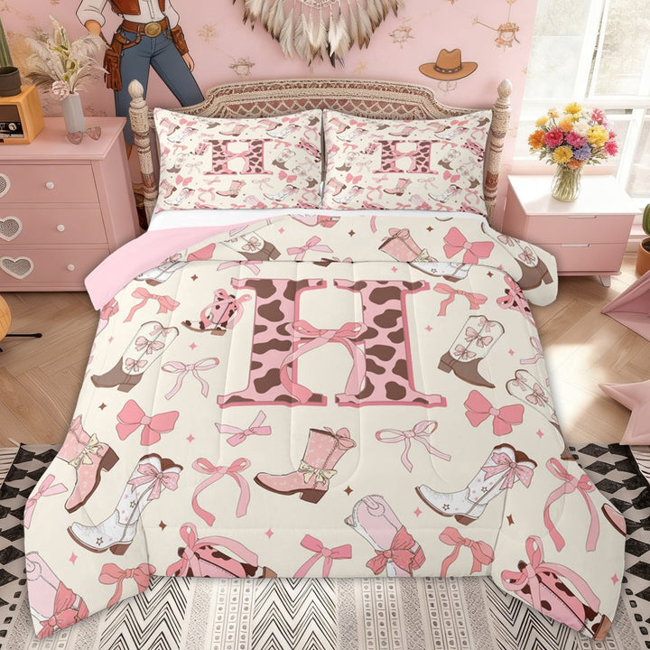 Erosebridal Princess Cowgirl Boot Full Size Comforter Sets, Western Cow Print H Letter Bedding Sets for Girls, Pink Reversible, 3-Piece