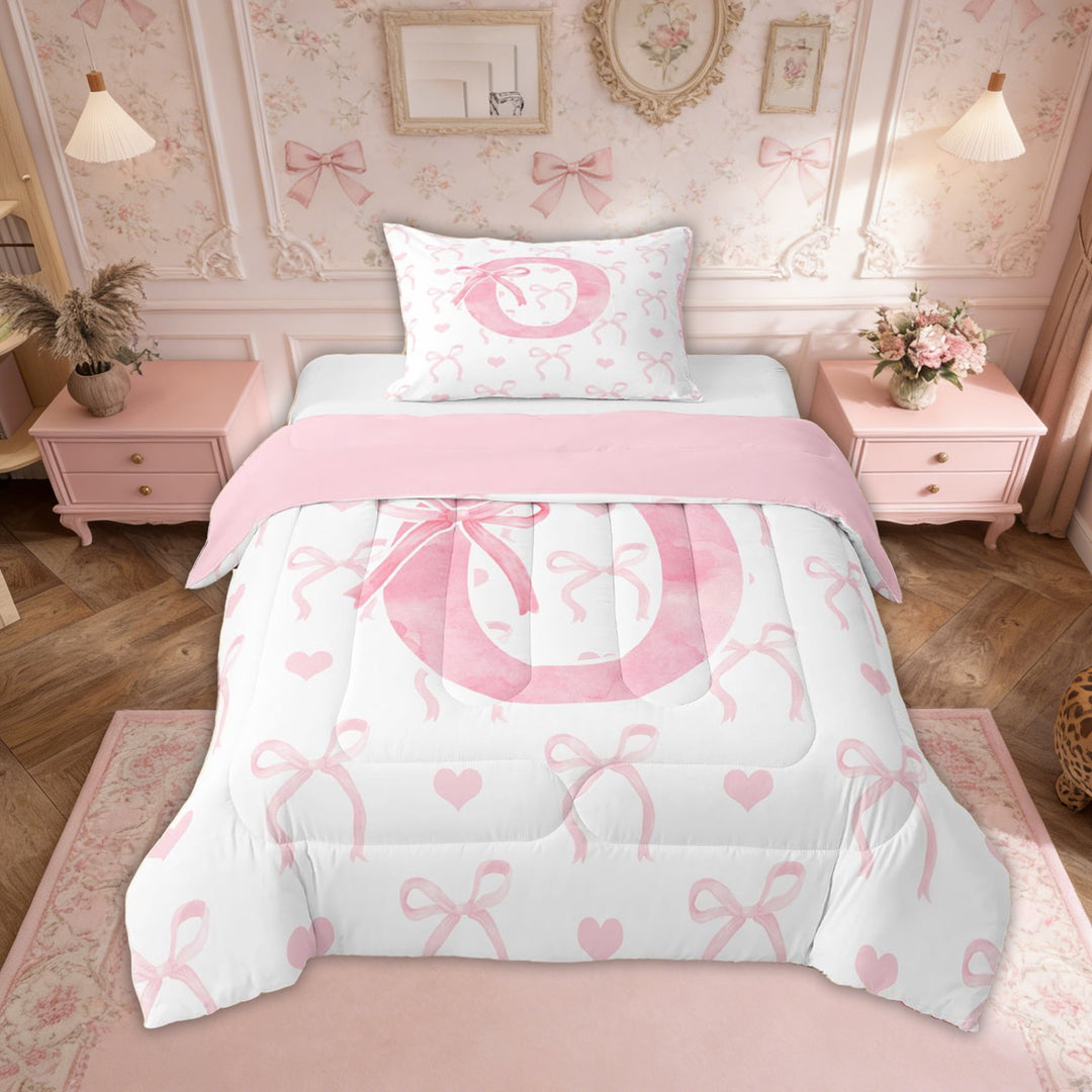 Erosebridal Initial O Letter Bedding Twin Comforter Set, Cute Bowknot Down Comforter, Dreamy Princess Decor, Reversible 2pcs