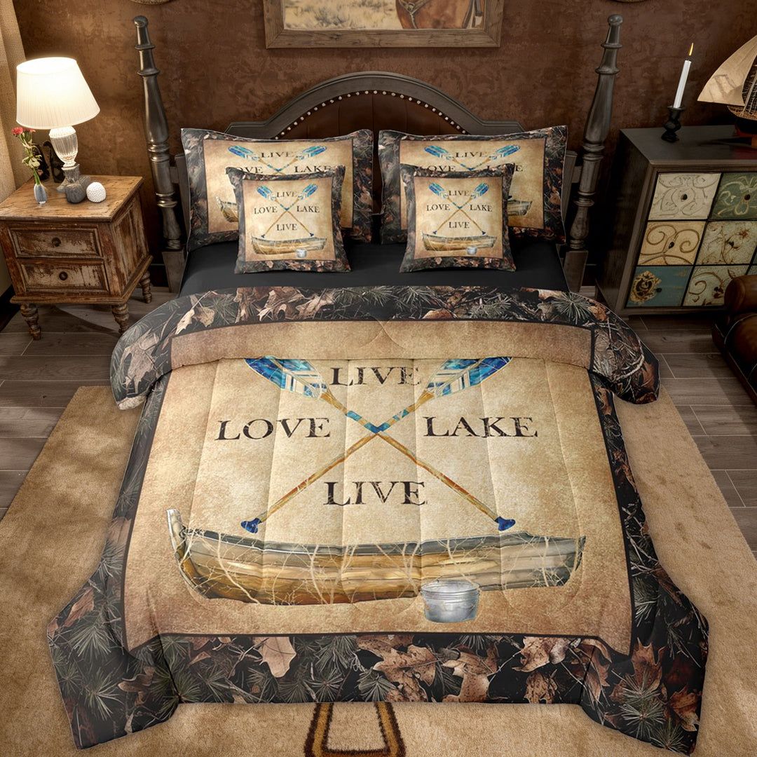 Lake House Bedding Sets 7 Piece Rustic Farmhouse Full Comforter Set Camo Lake Paddles Boat Fishing Bed In A Bag Gifts For Lake Lovers,Tree Camouflage Cabin Sheet Set With Comforter