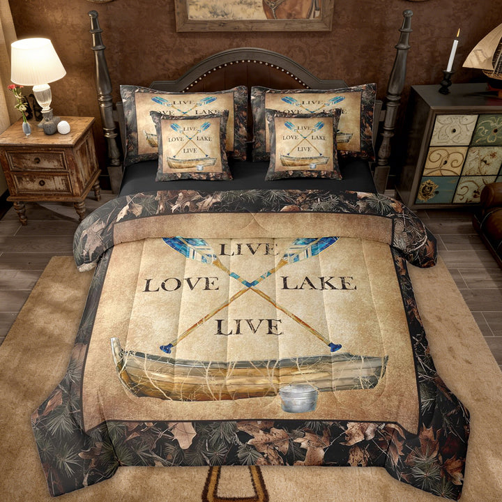 Lake House Bedding Sets 7 Piece Rustic Farmhouse Full Comforter Set Camo Lake Paddles Boat Fishing Bed In A Bag Gifts For Lake Lovers,Tree Camouflage Cabin Sheet Set With Comforter