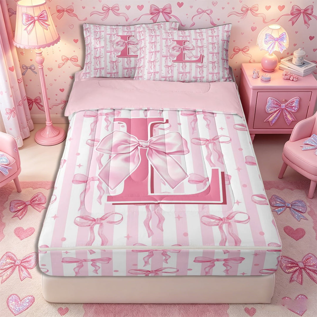 Meiyoeat Coquette Bow Letter L Zipper Full Size Comforter Sets with Fitted Sheet and 2 Pillowcases for Girls Kids, Preppy Stripe Zipper Bedding Set for Nursery,4pcs,Pink Reversible