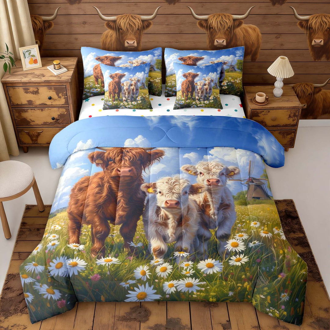 Erosebridal Cute Highland Bull Bedding Comforter Set for Kids, Rustic Windmill Daisy Queen Bedding Sets