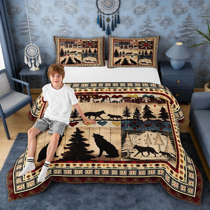 Erosebridal Winter Wildlife Wolf Quilt Print Queen Comforter Set, Cabin Decor Bedding Comforter Set for Men and Women, Black Reversible 3pcs, 1 Comforter and 2 Pillowcases