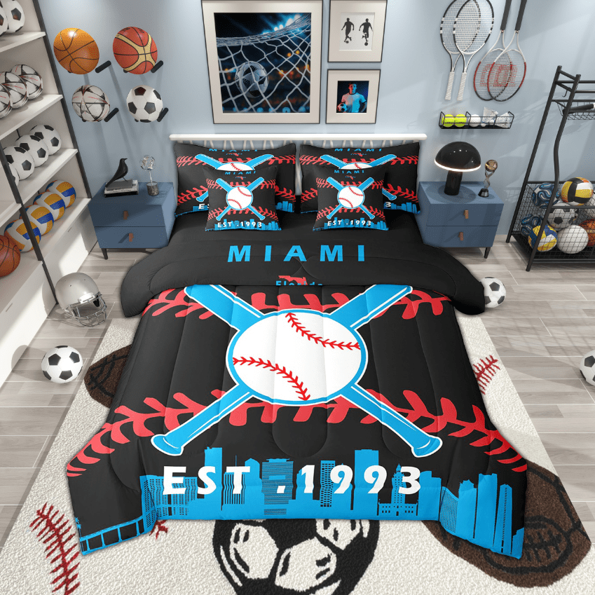 7 Pcs Comforter Set Full Size,Sports Bed in a Bag with Flat Sheet and Fitted Sheet and Adults,Baseball Bedding Set with Pillowcase and Sham Bedroom Decor(Miami)