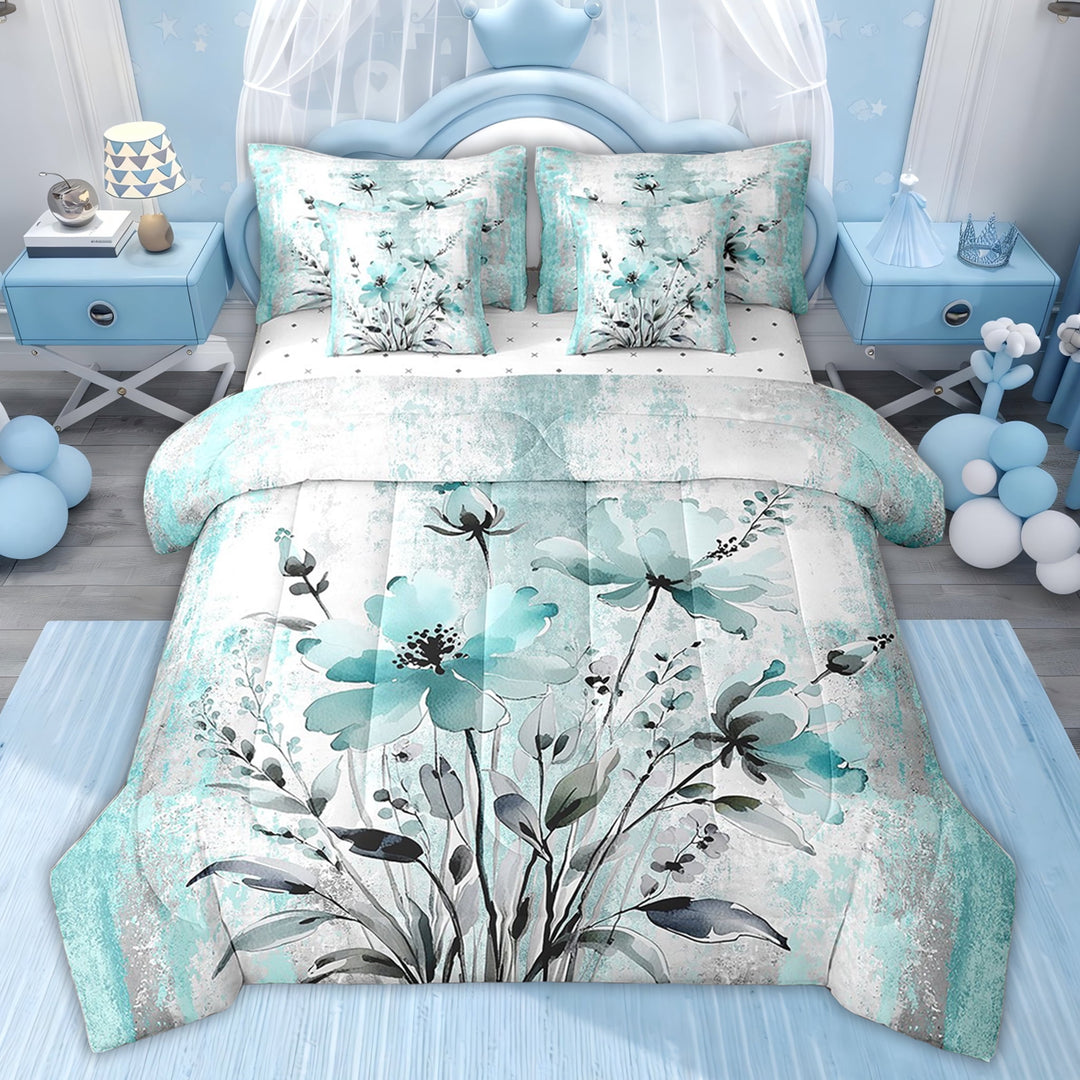 Erosebridal Groovy Daisy Bedding Full Size for Girl, Flower Floral Bed Set, Cyan Watercolor Bed in a Bag Full size, 7-Piece