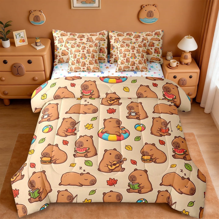 Erosebridal Brown Capybara 7-Piece Twin Bedding Sets,Colorful Fall Leaves Bedding Comforter Set For Girls Kids Reversible
