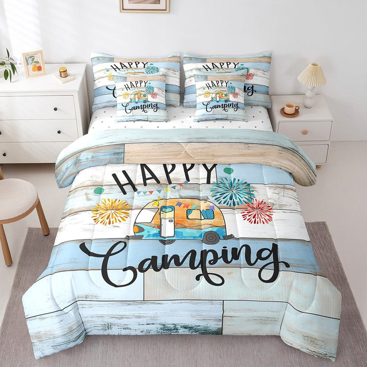Erosebridal Cartoon Car Bedding Sets Twin Size,Happy Camping Comforter Sets with Sheets,Lodge Cabin Bed in a Bag Twin size,Breathable Boys Bedroom Decor,Reversible,7pcs