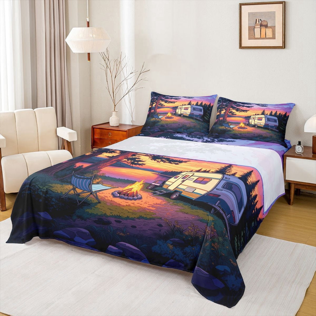 Erosebridal Sunset Lake RV Car Camping Bed Sheets, Purple Orange Forest King Sheets for Men and Women, 4 Pieces