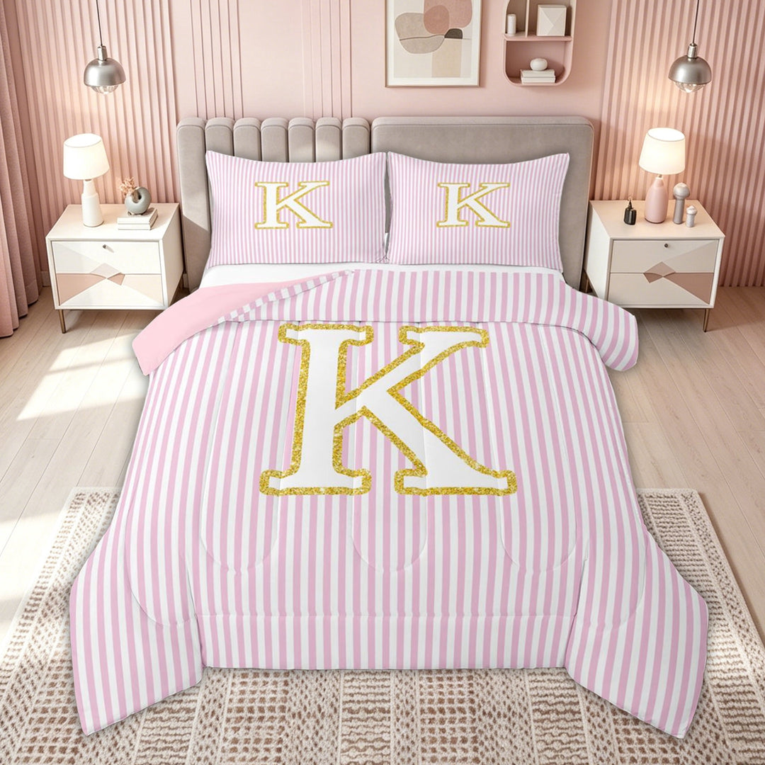 meiyoeat Preppy Letter K Full Size Comforter Sets for Kids Girls Women, Gold Glitter Bedding Comforter Set for Bedroom, Pink Reversible, 3 Pieces
