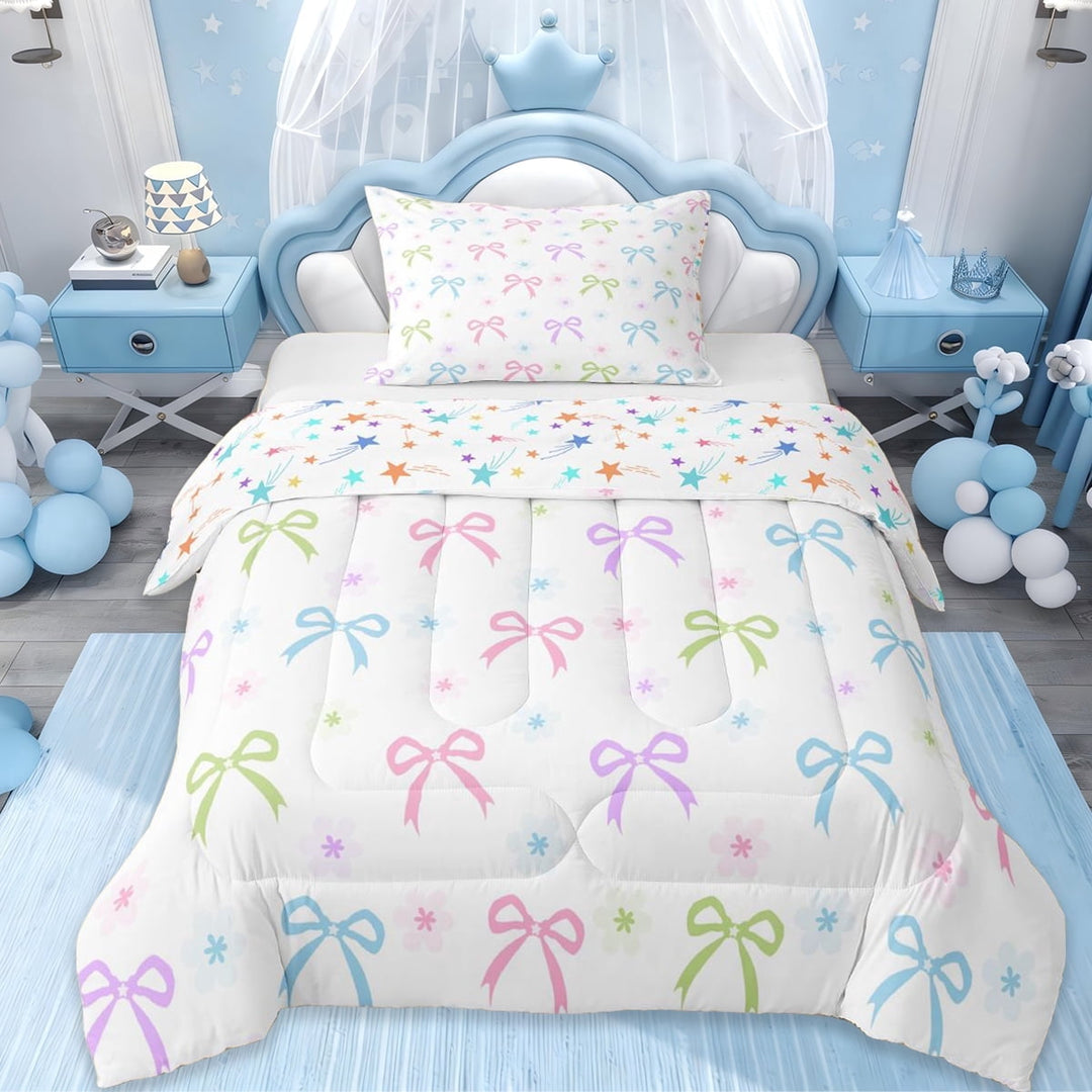 Erosebridal Colorful Bowknots Twin Comforter Sets For Girl Kids,Rainbow Dreamy Princess Bows Bedding Set For Bowtie Lovers, Reversible 2 Pieces