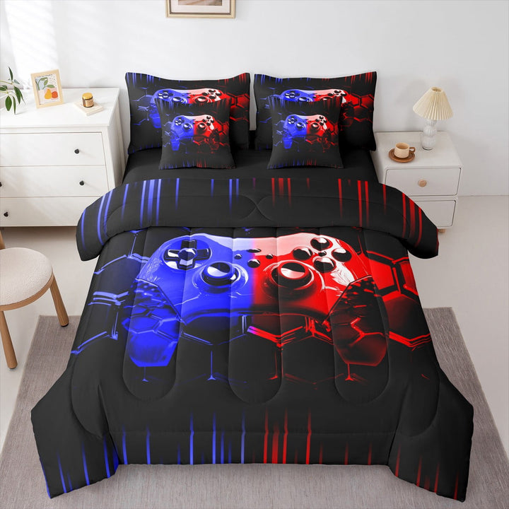 Erosebridal 7 Piece Gamer Bed In A Bag Twin For Boys,Gaming Bedding Sets Cool Video Game Black Comforter Set With Sheets Blue Red Geometric Honeycomb Bed Set For All Season Gamepad Sheet Set