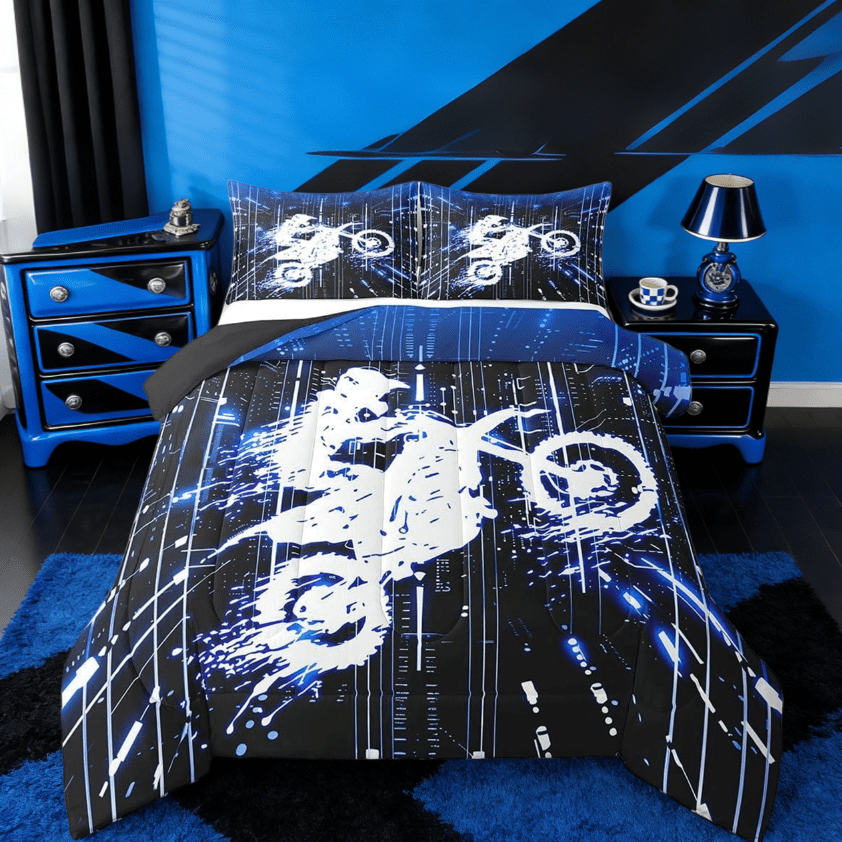 Manfei Kids Blue Dirt Bike Full Size Comforter Sets,Extreme Sports Racing Motocross Rider Bedding Sets For Motorcycle Teens Reversible 3-Piece