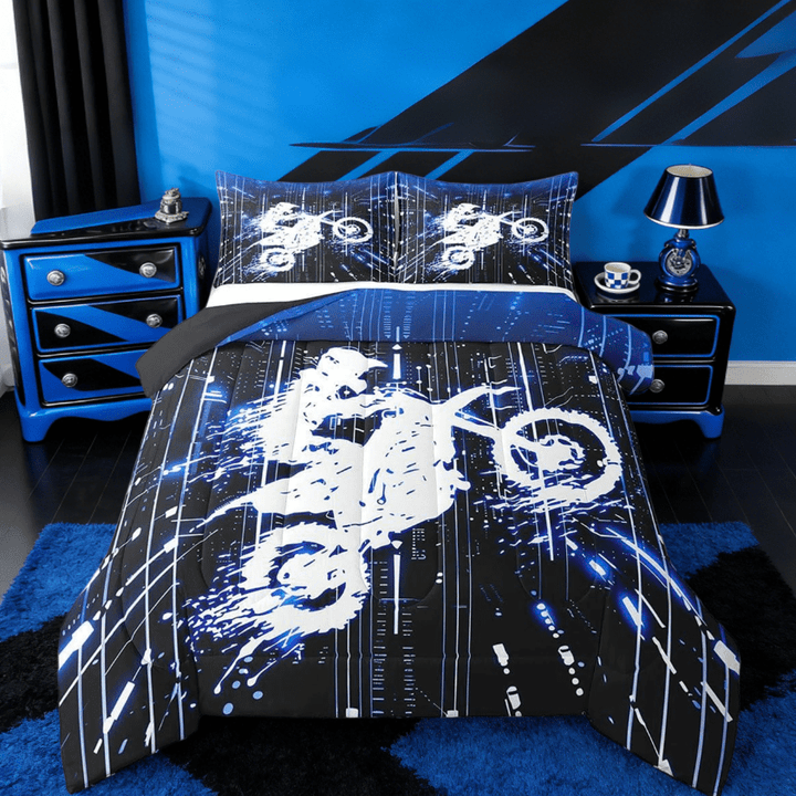 Manfei Kids Blue Dirt Bike Full Size Comforter Sets,Extreme Sports Racing Motocross Rider Bedding Sets For Motorcycle Teens Reversible 3-Piece