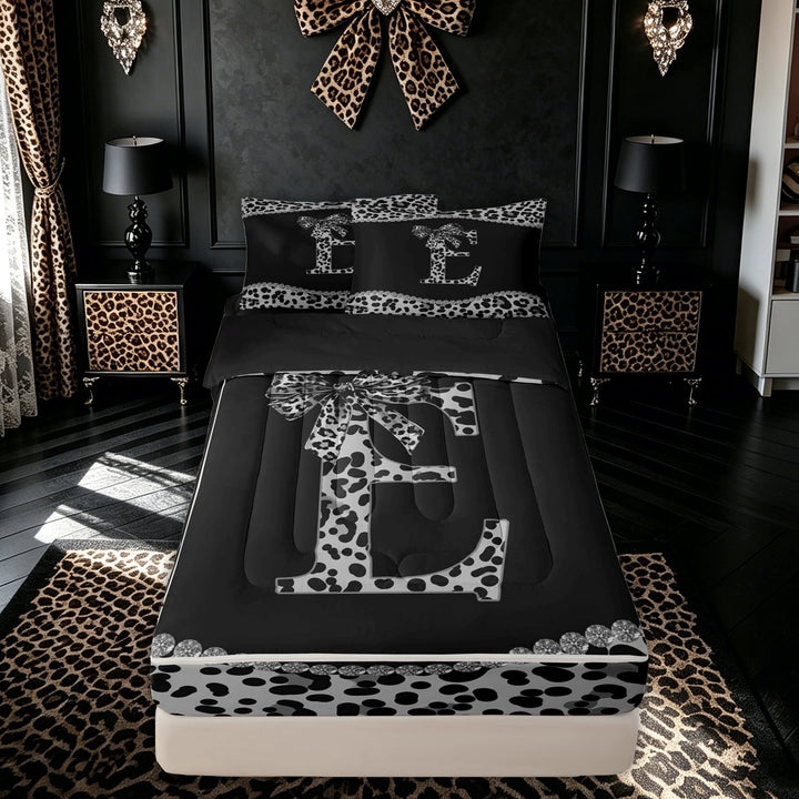meiyoeat Cute Sequin Cheetah Print Bow Zipper Full Size Comforter Sets with Fitted Sheet and 2 Pillowcases for Girls Adults, Initial E Letter Zipper Bedding Set, Black Reversible, 4-Piece