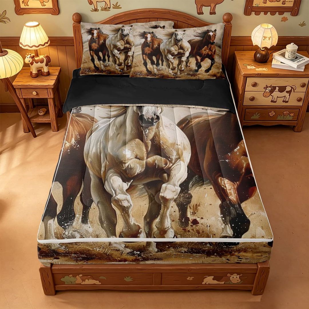 meiyoeat Vintage Horse Art Zipper Full Size Comforter Sets with Fitted Sheet and 2 Pillowcases For Boys, Rustic Western Cowboys Zipper Bedding Set For Men,Black Reversible,4 Pieces