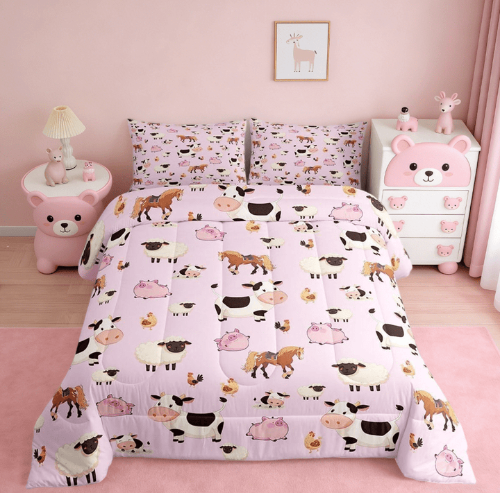 Manfei Farm Cow Sheep Full Size Comforter Sets Boys Girls,Cartoon Animals Bedding Sets For Kids 3 Pieces
