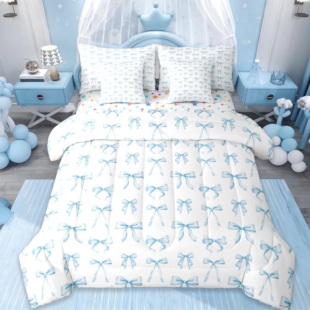 Erosebridal Cartoon Cute Bowknot 7-Piece Twin Bedding Sets For Girls,Cute Bows Kawaii Bowtie Bedding Comforter Set,White Blue,Reversible