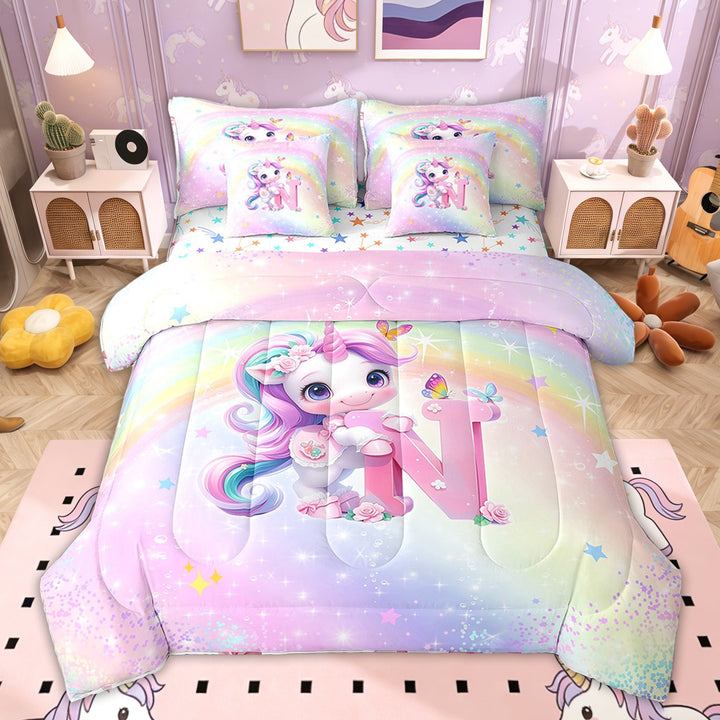 Erosebridal Girly Rainbow Unicorn Bedding Sets Twin Size for Kids Girls, Romantic Initial N Bedding Comforter Set, Colorful Stars Reversible