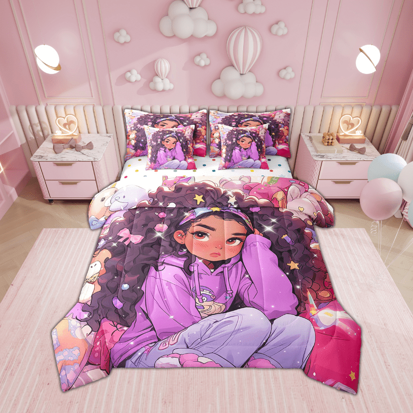 Black Hair 7 Piece Comforter Set Full Bed in a Bag,American African Princess Magical Bedding Sets Afro Sheet Set with Comforter