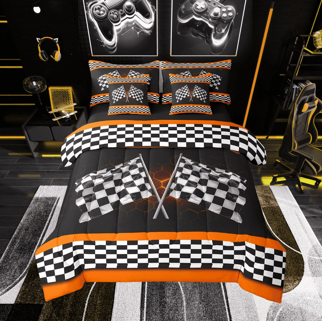 Erosebridal Racing Flag Bedding Twin Size, Checkered Bedding Sets Twin Size, Neon Geometry Decor, Reversible 7-Piece