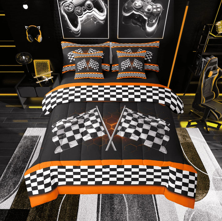 Erosebridal Racing Flag Bedding Twin Size, Checkered Bedding Sets Twin Size, Neon Geometry Decor, Reversible 7-Piece