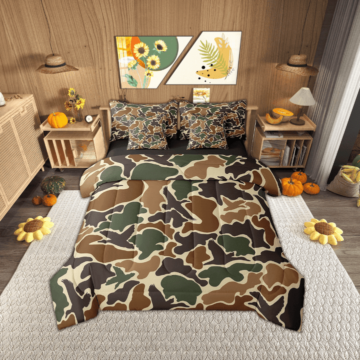 Erosebridal Dark Green Brown Camouflage Bedding Sets Twin Size, Aesthetic Abstract Artwork Comforter Sets with Sheets, Camo Bedroom Decor, Reversible 7-Piece