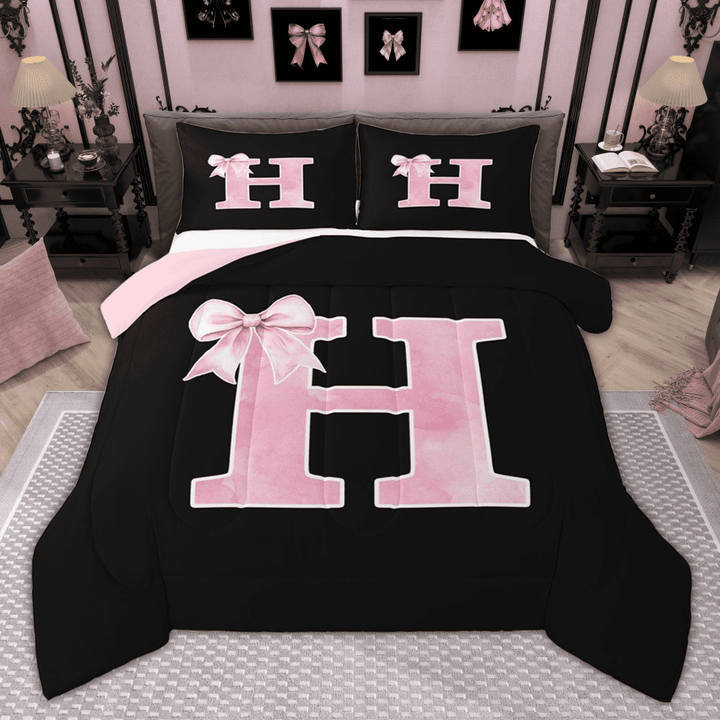 Manfei Personalized Initial H Bedding Comforter Set for Girls, Pink Bow Tie Twin Comforter Sets, Watercolor Monogrammed Bedding Set, Breathable Room Decor, Reversible 2pcs
