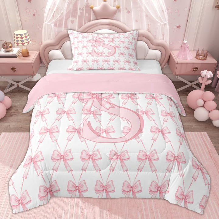 Erosebridal Princess Bow Letter Twin Comforter Sets for Kid, Pink Monogrammed S Bedding Set, 2-Piece