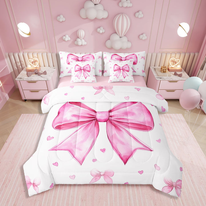 Erosebridal Pink White Bedding for Girls Twin Size 7 Piece,Cute Bow Bed In A Bag With Sheets Dreamy Princess Comforter Set Teen Women,Kawaii Bowknots Bow Tie Sheet Set With Comforter