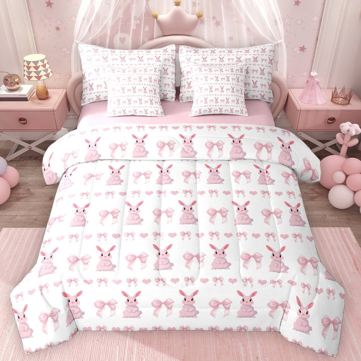 Erosebridal Cartoon Rabbit Bedding Comforter Set for Kids Girls, Pink Princess Bow Full Bedding Set, Pink Reversible, 7pcs