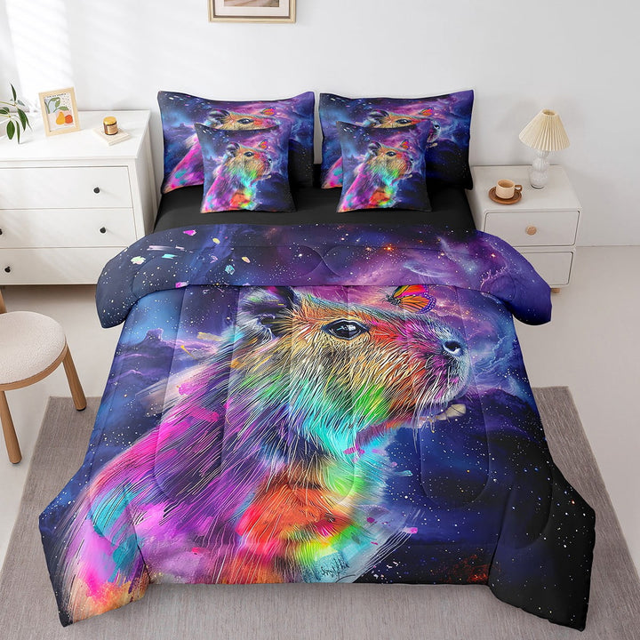Cartoon Capybara Twin Comforter Set 7-Piece Watercolor Animal Bedding Comforter Sets Psychedelic Galaxy Stars Bed in a Bag Rainbow Graffiti Bedding Set Trippy Nebula Cosmos Bed Sheets Set