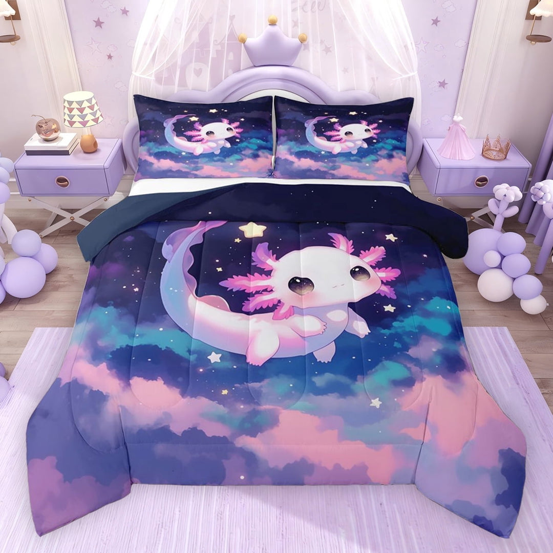 Erosebridal Cute Axolotl Full Size Comforter Sets for Kids, Starry Night Bedding Sets, Navy Reversible, 1 Comforter and 2 Pillowcases