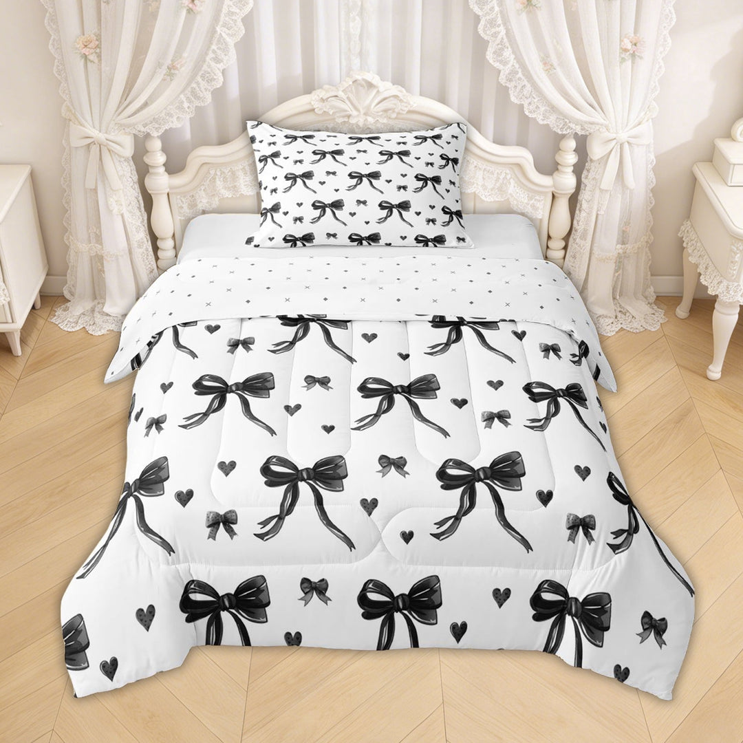 Erosebridal Black Bow Ribbon Twin Comforter Sets for Girls, Cartoon Love Heart Bedding Set for Women, Reversible, 2pcs