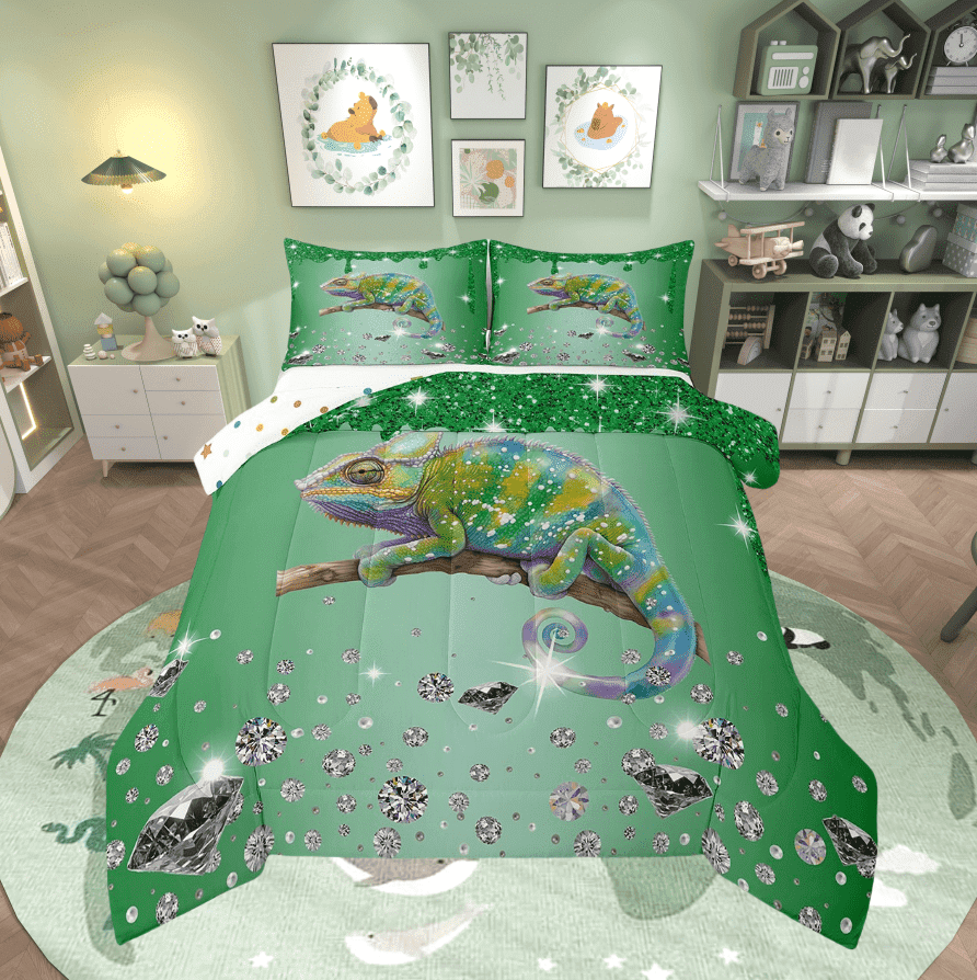 Chameleon Comforter Set Green Sequin Fluid Art Down Comforter,Crystal Diamond Twin Bedding Sets,Woodland Animals Duvet Insert Tropical Jungle Wildlife Room Decor