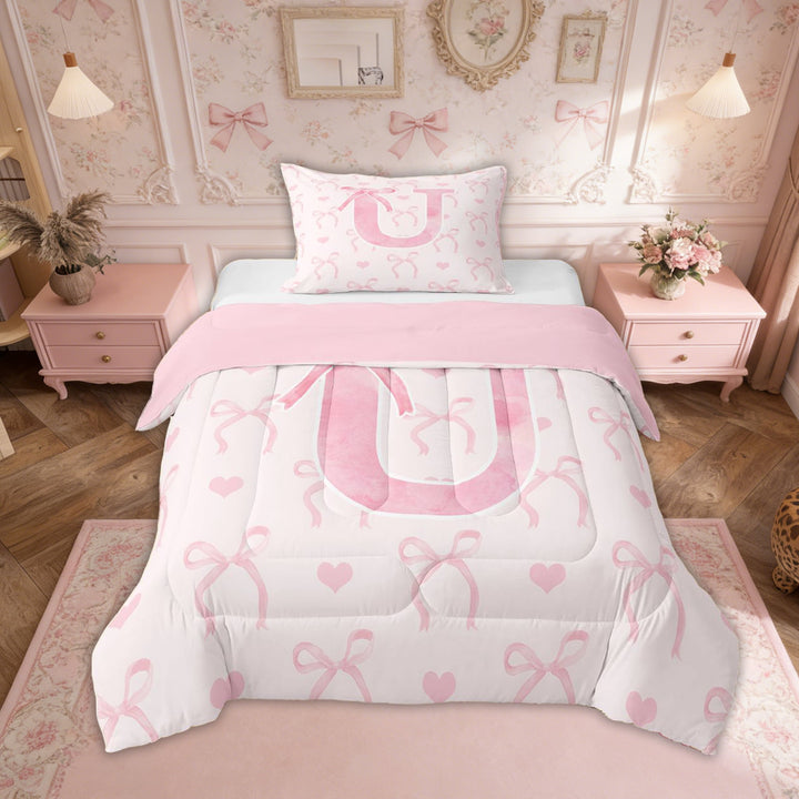 Erosebridal Pink Bow Bedding Sets Twin with Comforter, Initial Letter U Duvet Insert, Princess Bowknot Decor, Reversible 2-Piece