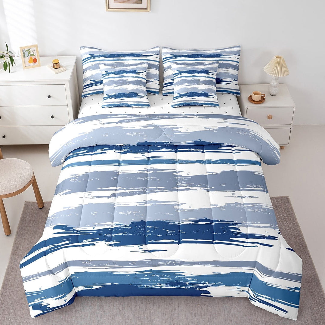 Erosebridal Oil Painting Bed in a Bag Queen Size,Minimalism Art Bed Set,Blue White Bedding Queen Size,Lightweight Bedroom Decoration Reversible,7 Pieces