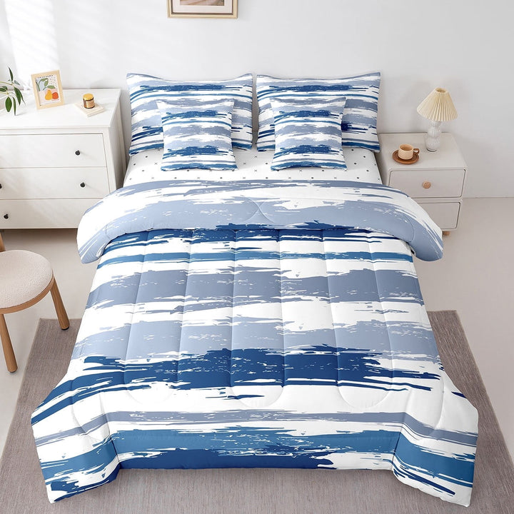 Erosebridal Oil Painting Bed in a Bag Queen Size,Minimalism Art Bed Set,Blue White Bedding Queen Size,Lightweight Bedroom Decoration Reversible,7 Pieces